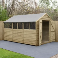 Forest Garden 12x8 Ft Apex Overlap Wooden 2 Door 6 Windows Shed With Floor