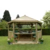 Forest Garden Furnished Timber Roof Hexagonal Gazebo, (W)4900mm (D)4240mm (Green Cushion Included)